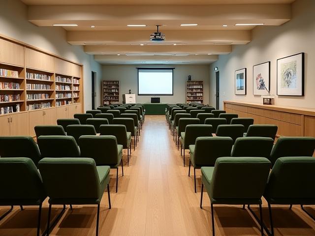 A versatile event space within Canopy Chapters, set up for a literary workshop with chairs and a projector screen.