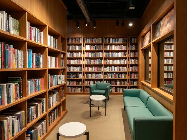 The main floor of Canopy Chapters, showcasing tall bookshelves filled with diverse titles and comfortable seating areas.