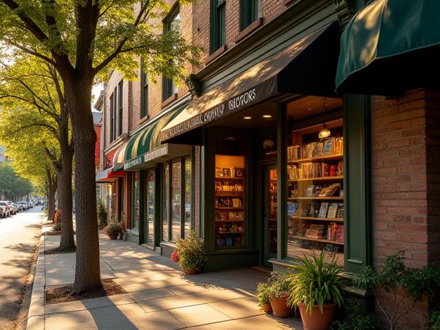Exterior view of Canopy Chapters bookstore with people entering, surrounded by trees and a welcoming atmosphere.