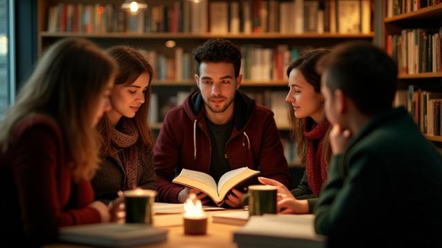 Reading Group members discussing a book in a cozy bookstore setting