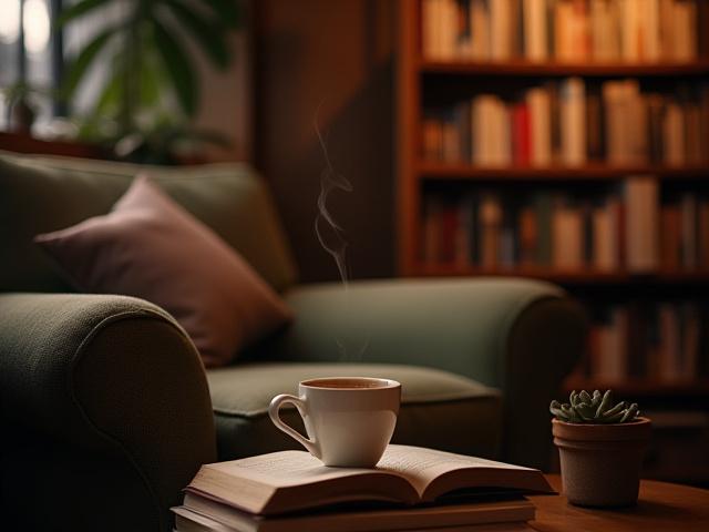 Cozy reading nook with books and a coffee mug at Canopy Chapters bookstore.